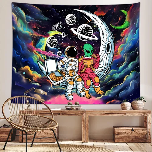 Vista 2 de Sanzugh Divertido tapiz alienígena de astronauta espacial para hombres y chicos, genial universo trippy planeta, tapices artísticos para colgar