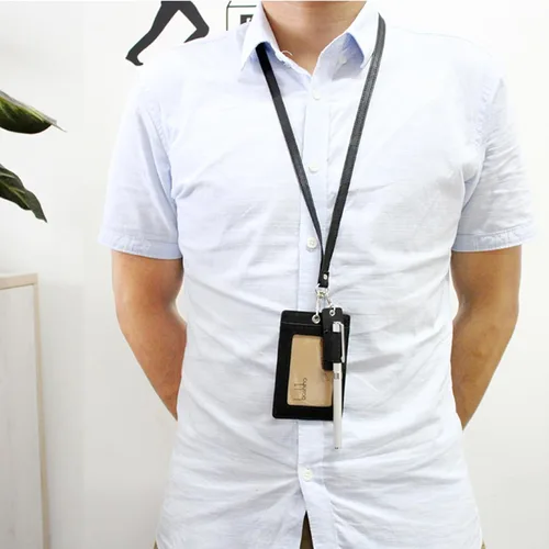 Vista 5 de Boshiho. Funda vertical, de piel, para tarjeta de identificación con cordón resistente., Negro