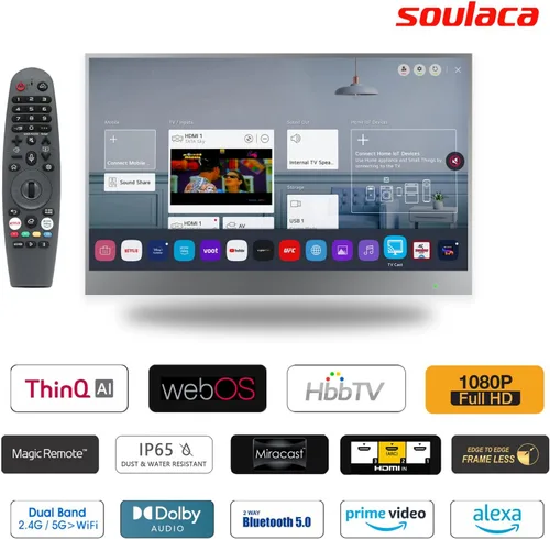 Vista 3 de Soulaca Espejo inteligente de 22 pulgadas LED TV IP65 impermeable con control de voz ATSC DTV sintonizador, WiFi y Bluetooth, baño de lujo, espejo
