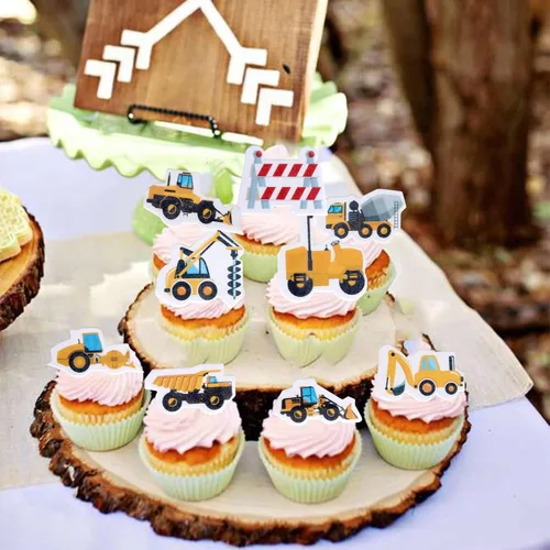 Vista 7 de 64 piezas comestibles de construcción para cupcakes, camión, tractor, excavadora, decoración de pasteles, letrero de parada, decoración de postre