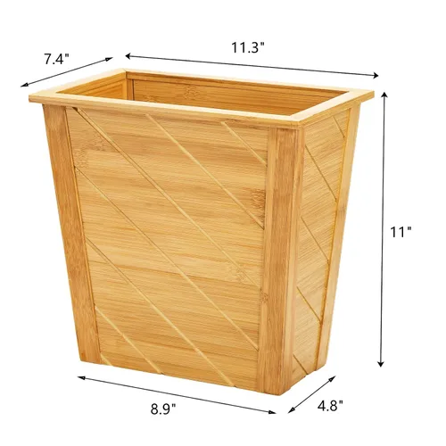 Vista 2 de Frcctre Cesta de basura de bambú, rectangular, compacta, papelera de basura con asas integradas, contenedor marrón para dormitorio, oficina, sala