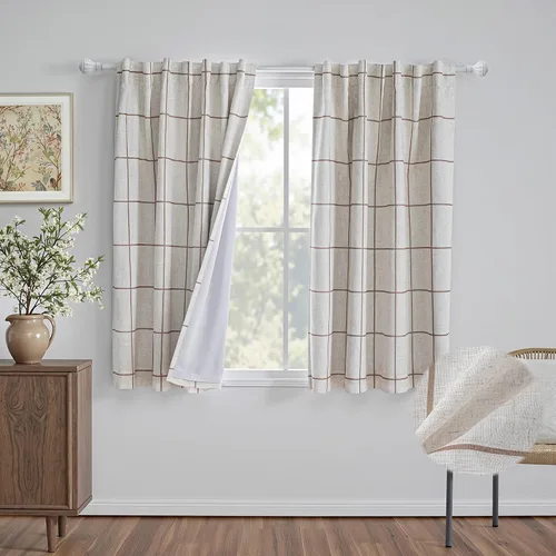 Vista 11 de MYSKY HOME Cortinas de Lino a Cuadros 100% Opacas de 45 Pulgadas de Largo de Doble Capa Estilo Granja con Aislamiento Térmico Estampado a Cuadros
