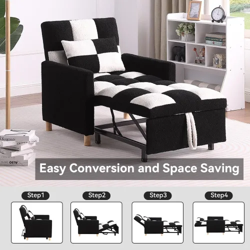 Vista 4 de Silla de dormir, sofá cama individual convertible con almohada, cama extraíble con respaldo ajustable, silla de salón multifuncional con tela