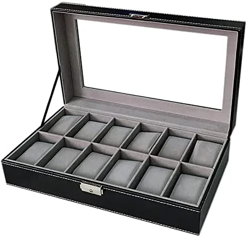 Vista 3 de XWWDP - Caja de reloj grande para hombres, organizador de vitrina de reloj, bandeja organizadora de joyas, parte superior de cristal, piel sintética
