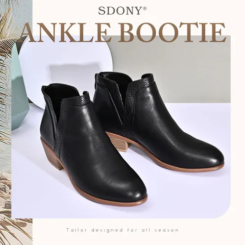 Vista 7 de SDONY Botines de tacón bajo para mujer, botines gruesos y elegantes con cremallera para mujer