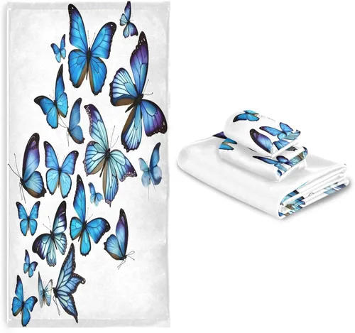 Vista 7 de ALAZA Juego de 3 toallas de baño con diseño de mariposas azules, 1 toalla de baño, 1 toalla de mano, 1 toallita suave, multiusos, para baño, hotel
