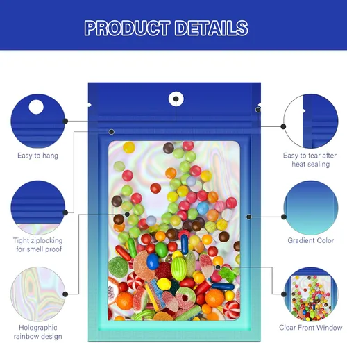 Vista 3 de 100 bolsas holográficas de Mylar degradadas con ventana transparente, bolsa con cremallera resellable, bolsas de muestras de embalaje para fiestas