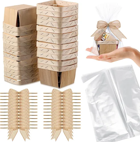 Vista 10 de Kigley Juego de 24 mini cestas de regalo de madera con bolsas de celofán y lazos, kit de cestas pequeñas de bayas vacías de 4 pulgadas