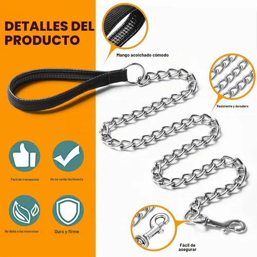 Vista 2 de Correa de metal resistente para perros, cadena de correa para mascotas a prueba de mordidas de 4 pies con mango acolchado suave para perros grandes