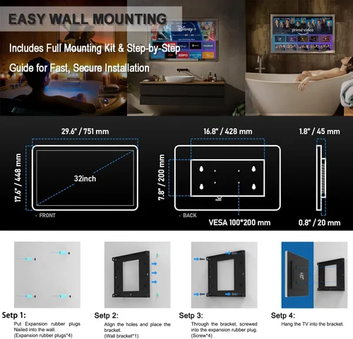 Vista 9 de Haocrown - Espejo de baño inteligente 4K Ultra HD de 32 pulgadas, IP66 impermeable, sistema operativo Android 13, control remoto de voz