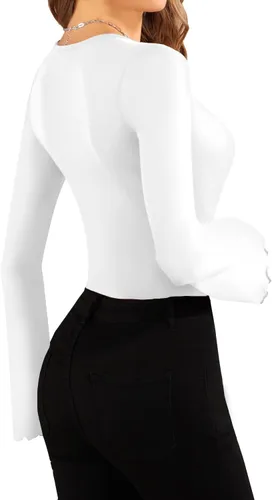 Vista 4 de MANGOPOP Women's Sexy Square Neck Bodysuits Long Sleeve Fashion Basic Slim Tops