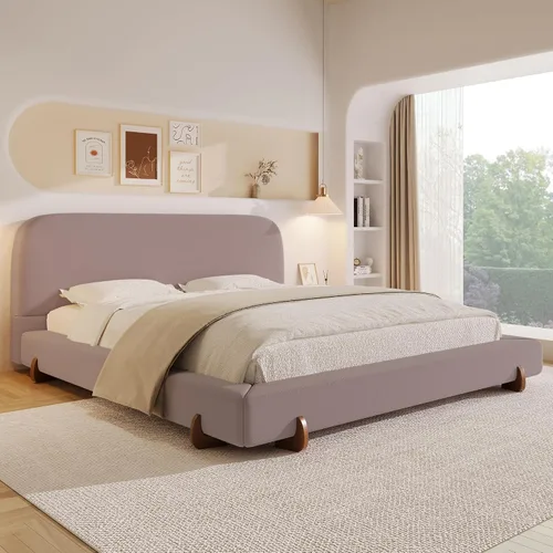 Vista 14 de Cama de Plataforma Tapizada con Forma Curva con Cabecera de Forma Curva, Marco de Cama de Madera Tamaño Full para Dormitorio de Niños y Adultos