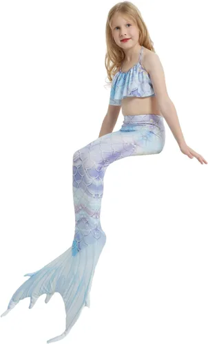 Vista 2 de Traje de baño de cola de sirena para niñas, traje de baño de princesa, conjunto de 5 piezas para 3-12 años