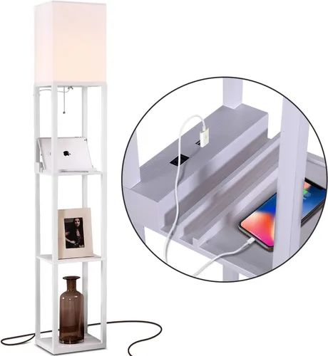 Vista 9 de Brightech Maxwell Charger - Lámpara de pie moderna con estantes con puertos de carga USB y toma de corriente eléctrica - Lámparas de pie de esquina