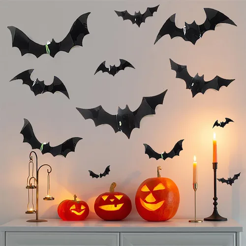 Vista 2 de Decoración de pared de murciélago de Halloween, 12 unidades, calcomanías de murciélago negro 3D, decoraciones de Halloween, reutilizables