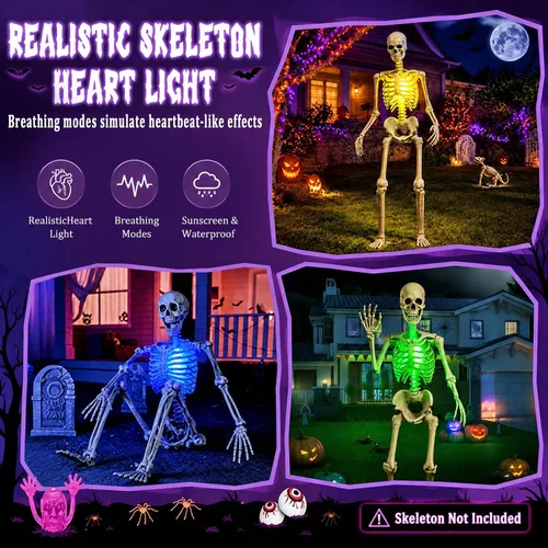 Vista 4 de Paquete de 2 luces de esqueleto de Halloween, luz de corazón latiendo