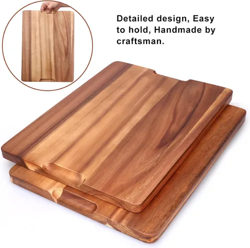 Vista 3 de Tabla de cortar de madera de acacia para cocina, tabla de cortar de madera con mango lateral y ranura para jugo, tabla de tallar de 15 x 11