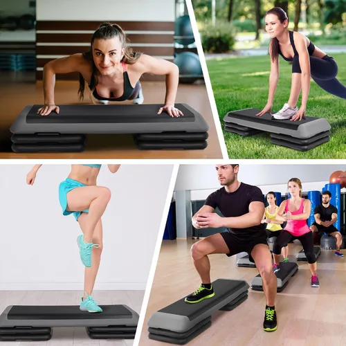 Vista 5 de Escalón aeróbico ajustable para entrenamiento, plataforma de ejercicios con 4 elevadores, superficie antideslizante para entrenamiento de gimnasio