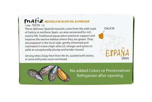 Vista 6 de Matiz Mejillones españoles en aceite de oliva virgen extra y vinagre de sidra de manzana 3.92 oz - 1 paquete Hecho a mano en Galicia, España