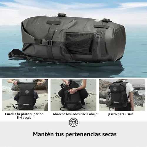 Vista 4 de STOVER - Mochila seca impermeable de 30/40/55L y funda para teléfono, bolsa seca flotante extragrande para kayak, viajes, senderismo, pesca Negro