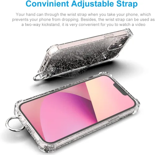 Vista 4 de Funda con purpurina con correa de mano compatible con iPhone 13 de 6.1 pulgadas, funda transparente brillante con correa de muñeca ajustable soporte