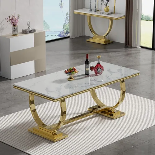 Vista 3 de Juego de mesa de comedor de mármol para 4, mesa de cocina rectangular de mármol blanco de 70 pulgadas con base en O de acero inoxidable dorado
