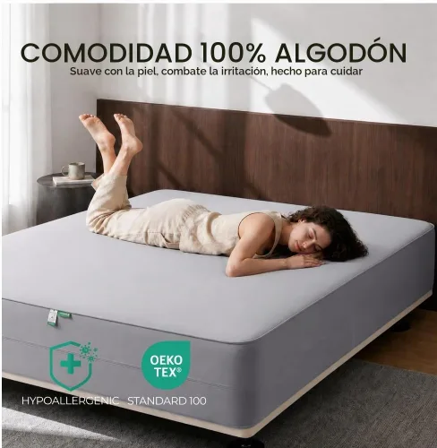 Vista 6 de FAUNNA Funda protectora de colchón 100% algodón para evitar el polvo Gris