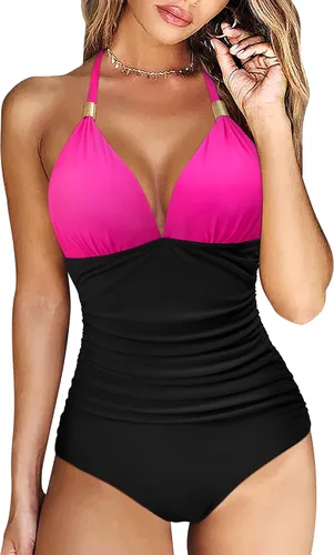 Vista 93 de RXRXCOCO - Traje de baño fruncido de una pieza, con cuello en V, para mujer, con control de abdomen y cuello halter