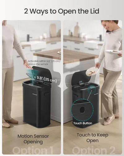 Vista 3 de SONGMICS Bote de basura automático con sensor de movimiento, 13 galones (50 L) con tapa de cierre suave, acero inoxidable, onda o táctil para abrir