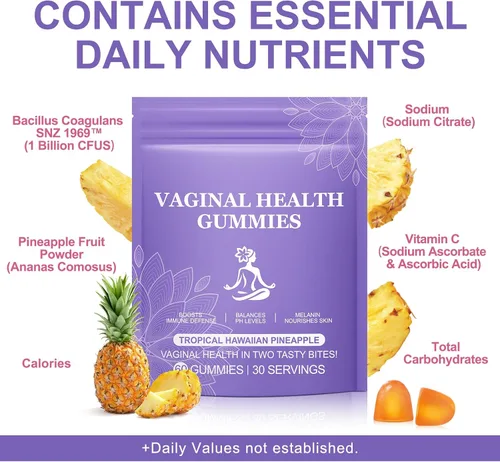 Vista 2 de Gomitas de equilibrio femenino premium, probióticos vaginales vitales fuente de gomitas femeninas, sabor a piña para mujeres de todas las edades