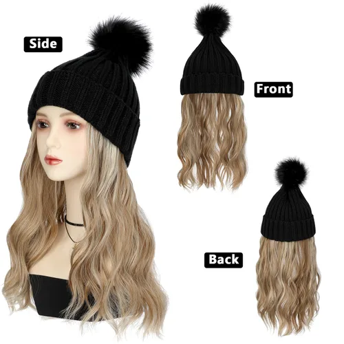 Vista 9 de Gorro para mujer con pelo adjunto, gorro de punto cálido con pompón unido de 14 pulgadas de largo, ondulado, extensiones de cabello rizado, postizo
