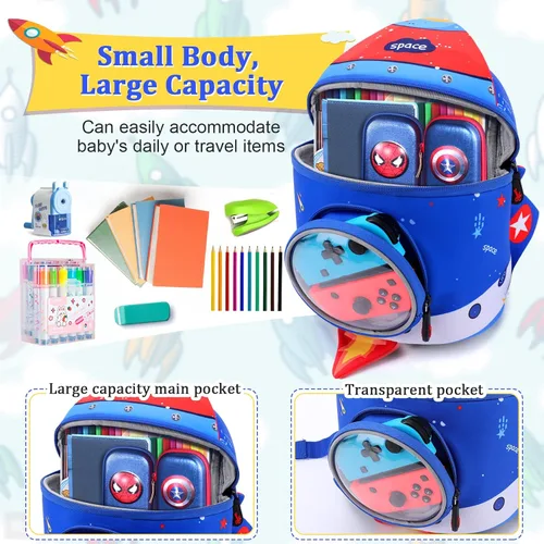 Vista 4 de Augot Mochila para niños pequeños mochila preescolar 3D linda mochila de dibujos animados para niños mini mochila escolar para niños y niñas Azul