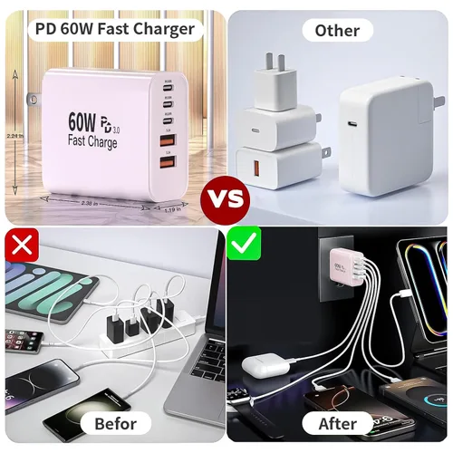 Vista 6 de Bloque de cargador de pared para iPhone 17 y 16 tipo C de 60 W, paquete de 2 bloques de carga rápida Apple para iPhone, adaptador de control