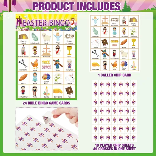 Vista 3 de Lewtemi Juego de bingo de Pascua, tarjetas de bingo religiosas con 24 jugadores, juegos para adultos y familia, adolescentes, suministros escolares