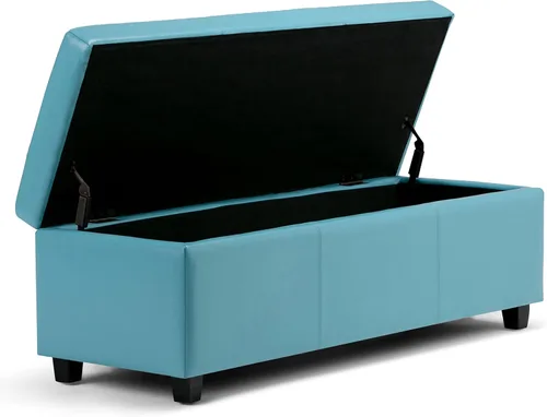 Vista 4 de Otomana rectangular de almacenamiento de cuero sintético Simpli Home Avalon., Poliuretano, Azul