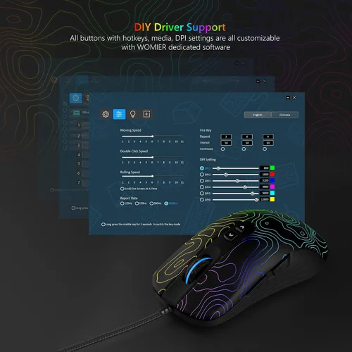 Vista 3 de Womier Ratón para juegos con cable, mouse de computadora RGB de 12800 DPI topográfico con 7 botones programables y 7 modos retroiluminados, software