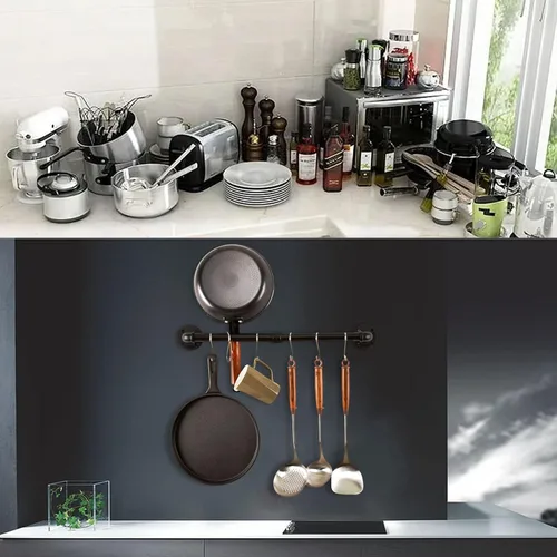 Vista 5 de Estante para ollas de tubería, soporte industrial para tapa de utensilios de cocina, organizador de cocina, barra colgante con ganchos en S