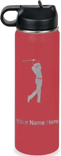 Vista 9 de LaserGram Botella de agua personalizada, golfista de golf, acero inoxidable de doble pared aislada al vacío con popote superior, regalo grabado Negro