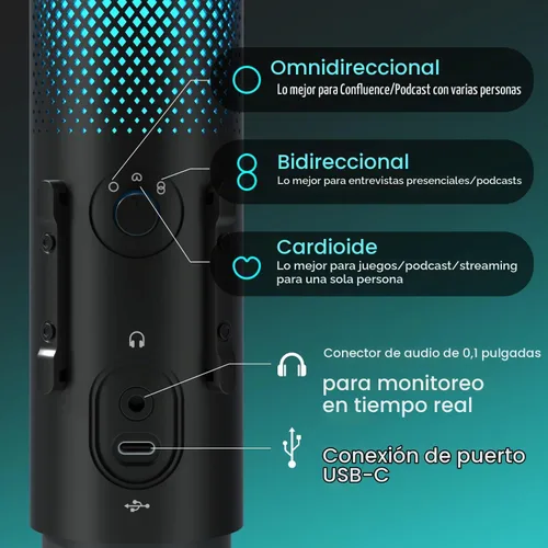 Vista 5 de JARO Micrófono condensador USB con patrón multipolar con cancelación de ruido silenciosa RGB para podcasting, juegos, transmisión, YouTube, Zoom