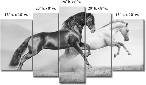 Vista 6 de Arte de pared de 5 paneles negro Friesian Running Horse Trot en el campo al atardecer, hierba y flores, cuadros impresos en lienzo animal la imagen