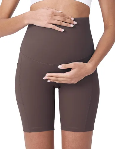 Vista 3 de POSHDIVAH - Pantalones cortos de yoga para embarazadas, cubren la barriga, pantalones deportivos cortos para correr, hacer ejercicio y el verano