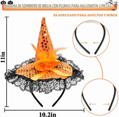 Vista 2 de ZeeDix Diademas de sombrero de bruja de Halloween para mujer, accesorios de 3 piezas (3 colores)