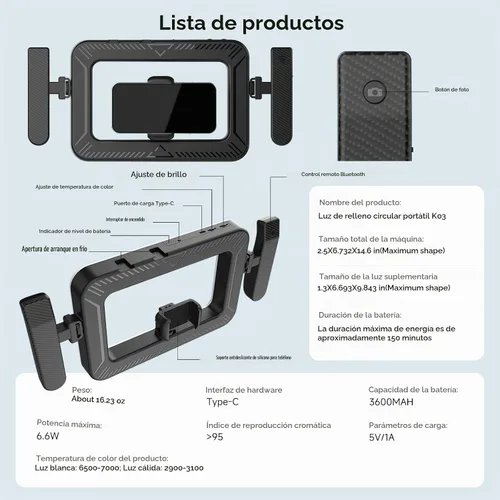 Vista 9 de Aparato de luz de anillo LED para smartphone de mano con control remoto Bluetooth de 20m, mango ergonómico, estabilizador ajustable de 2900K-7000K