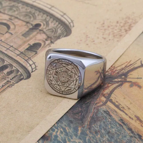 Vista 2 de Dacai The Seals of the Seven Arcángeles Protección Amuleto Seal Salomon Kabbalah Mens Womens Stainless Steel Polished Ring, Metal