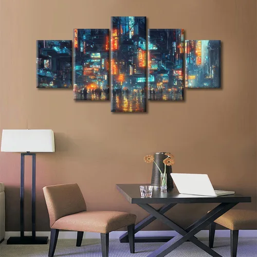 Vista 44 de Cuadros de 5 paneles de Cyberpunk City, arte de pared, representación de vallas publicitarias, edificios modernos en la capital con obras de arte