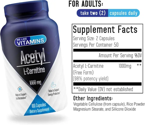 Vista 2 de We Like Vitamins Cápsulas de acetil L-carnitina de 1000 mg – 100 cápsulas vegetales fáciles de tragar – El suplemento de acetil l carnitina ayuda a