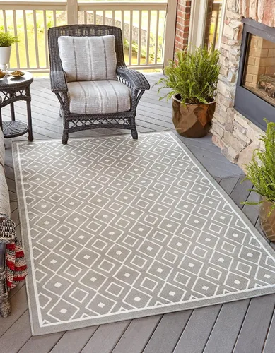 Vista 24 de Unique Loom Outdoor Trellis Collection - Alfombra de área Kafes (2 x 6 pies 1 pulgada, gris/marfil)