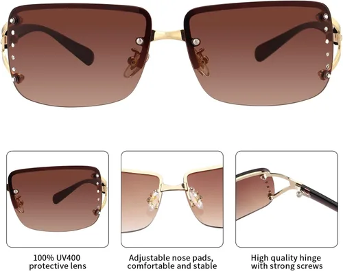 Vista 5 de Dollger Lentes de sol Y2K sin montura para mujeres y hombres, rectangulares, de moda, retro, sin marco, a la moda, envolventes, gafas futuristas
