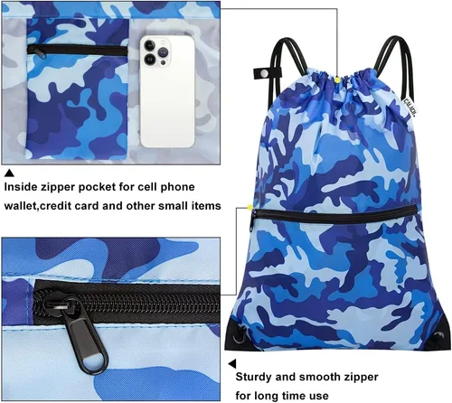 Vista 4 de Mochila deportiva con cordón, bolsa de gimnasio para yoga, viajes, para mujeres y hombres, tamaño grande con bolsillos con cremallera, Camuflado