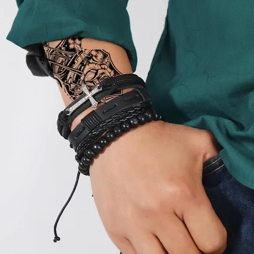 Vista 5 de Pulsera de cuero punk para hombre, 8-10 piezas, trenzada, cuentas de madera, calavera, metal, pulsera de cuero